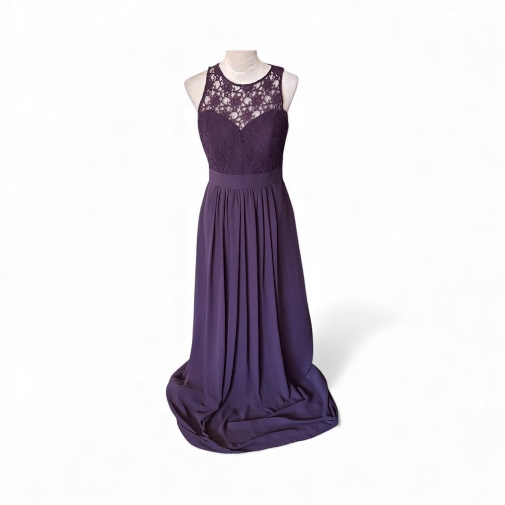 Bill Levkoff Sz 10 Deep Purple Lace Open Back Sweetheart Bridesmaid Maxi Dress